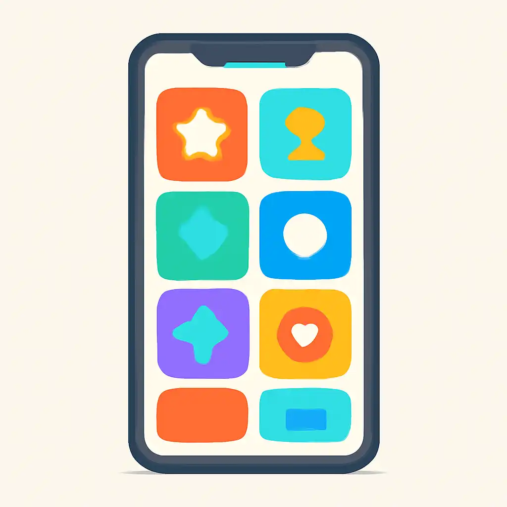 Smartphone shown from the front displaying a colourful flat layout of abstract game icons and rounded tiles, 10cric
