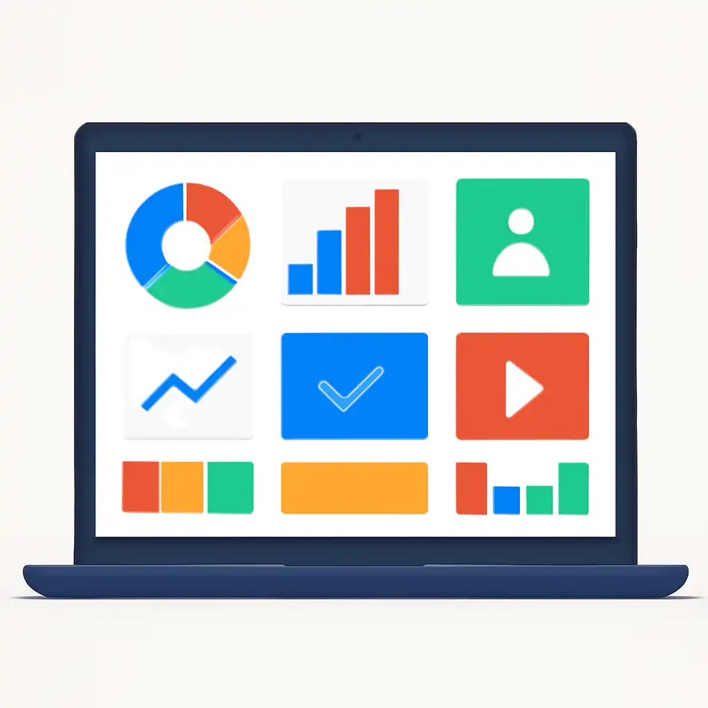 Laptop shown from the front displaying a colourful flat dashboard of abstract charts, bars and icon tiles, 10cric