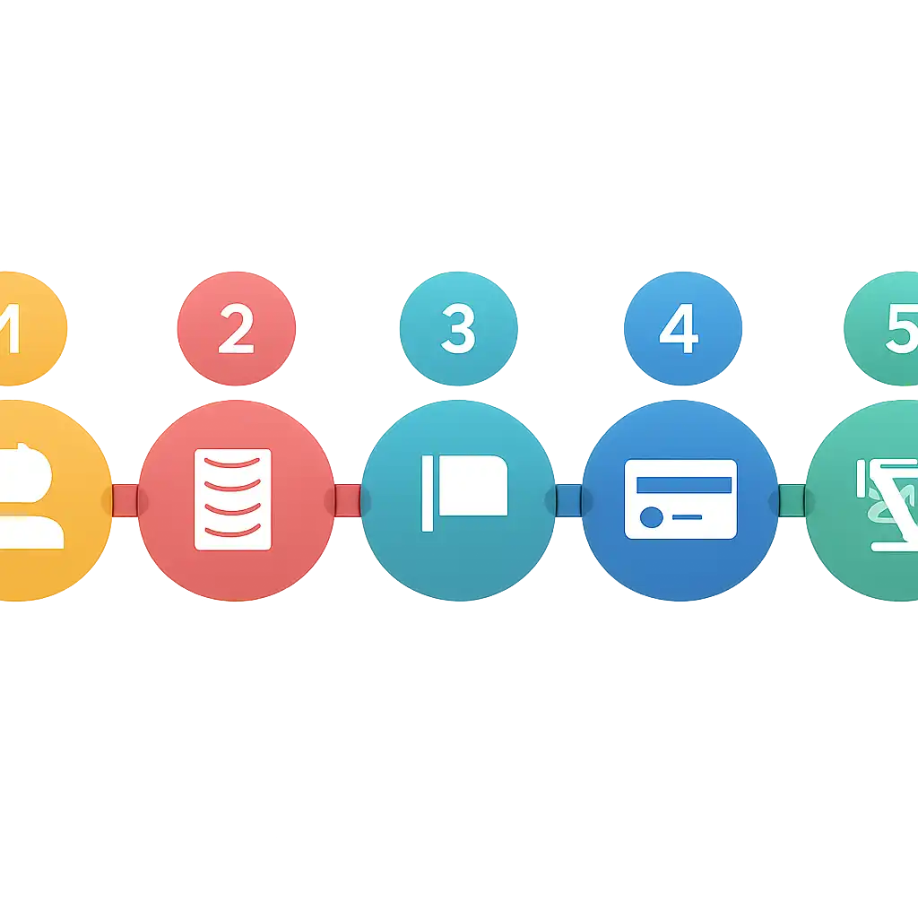 Five numbered circular icons connected by arrows in a horizontal flow, 10cric steps