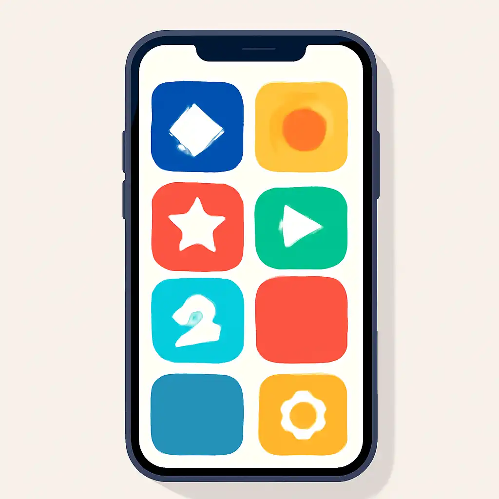 Smartphone shown from the front displaying a colourful flat layout of abstract game icons and rounded tiles, 10CRIC App for