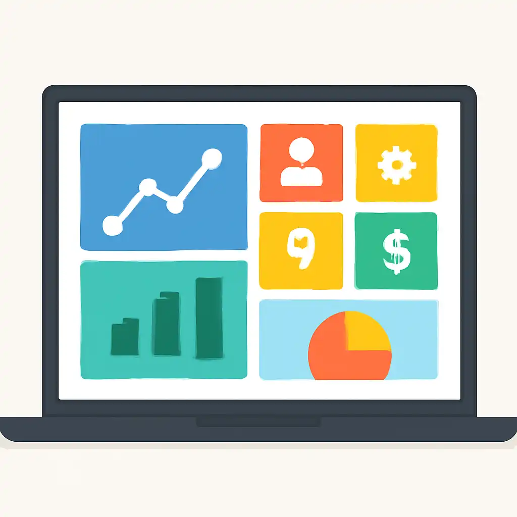 Laptop shown from the front displaying a colourful flat dashboard of abstract charts, bars and icon tiles, 10CRIC App for