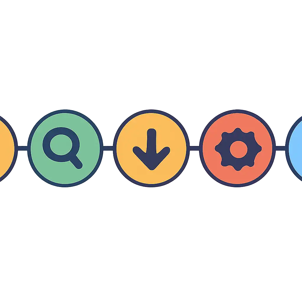 Five numbered circular icons connected by arrows in a horizontal flow, 10CRIC App for Android and iOS: Download and Install