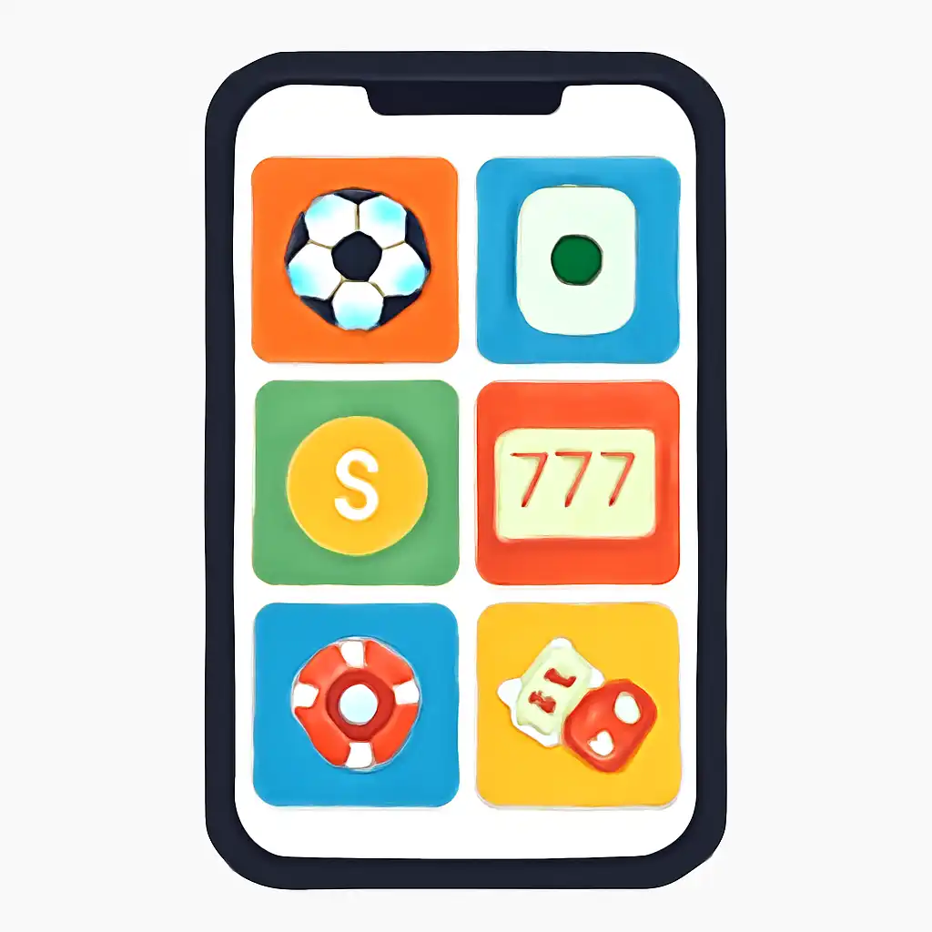 Smartphone shown from the front displaying a colourful flat layout of abstract game icons and rounded tiles, Sportsbook and