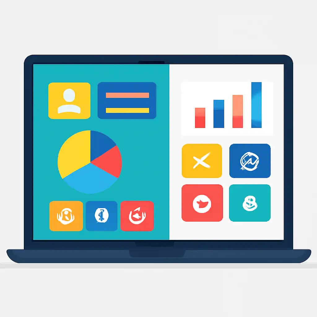 Laptop shown from the front displaying a colourful flat dashboard of abstract charts, bars and icon tiles, Sportsbook and