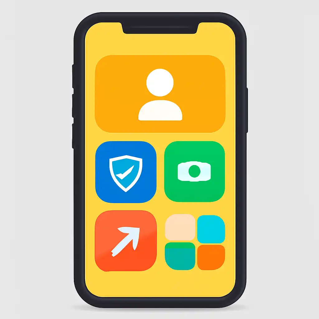 Smartphone shown from the front displaying a colourful flat layout of abstract game icons and rounded tiles, Registration