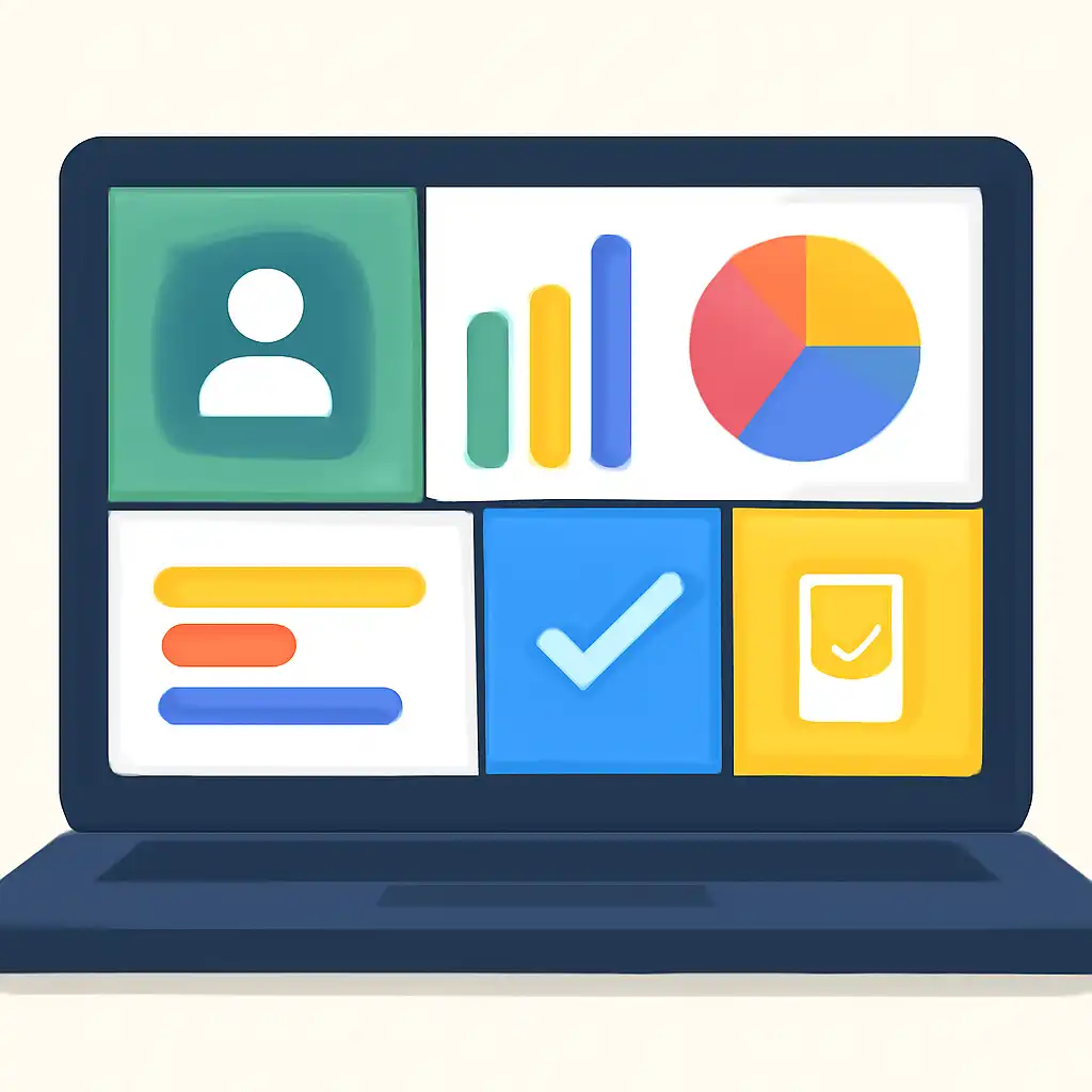 Laptop shown from the front displaying a colourful flat dashboard of abstract charts, bars and icon tiles, Registration