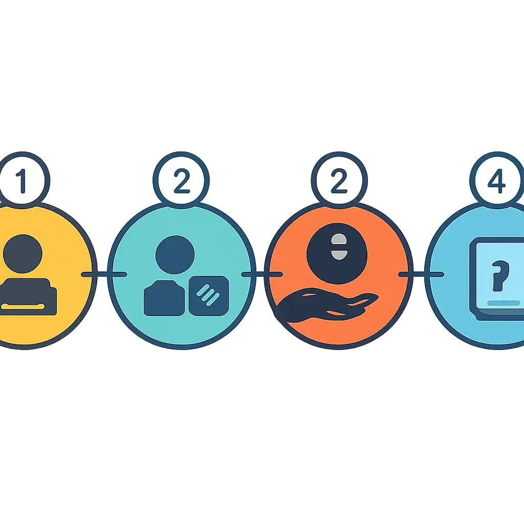 Five numbered circular icons connected by arrows in a horizontal flow, Registration, KYC and First Deposit via UPI steps