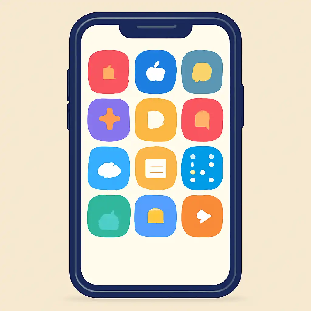 Smartphone shown from the front displaying a colourful flat layout of abstract game icons and rounded tiles, 10CRIC Login