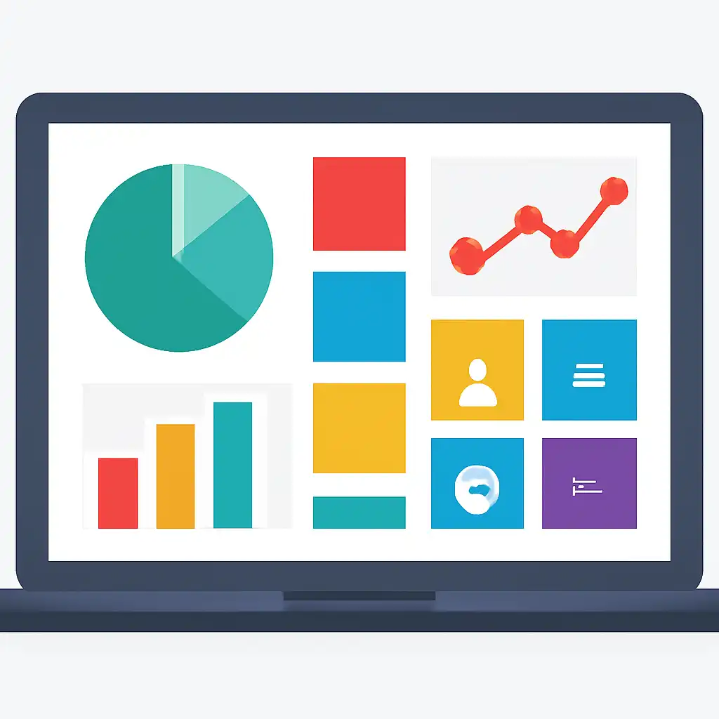 Laptop shown from the front displaying a colourful flat dashboard of abstract charts, bars and icon tiles, 10CRIC Login in
