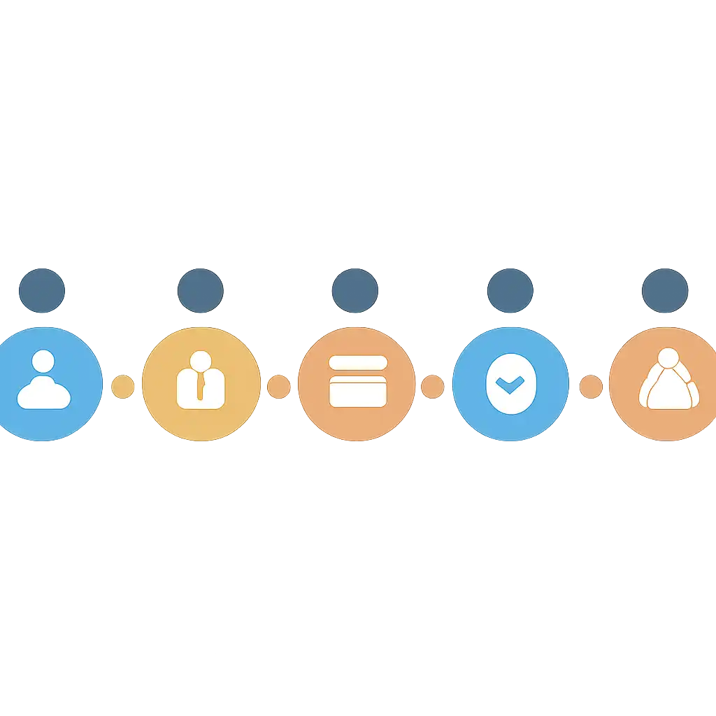 Five numbered circular icons connected by arrows in a horizontal flow, 10CRIC Login in India: Steps and Common Errors steps