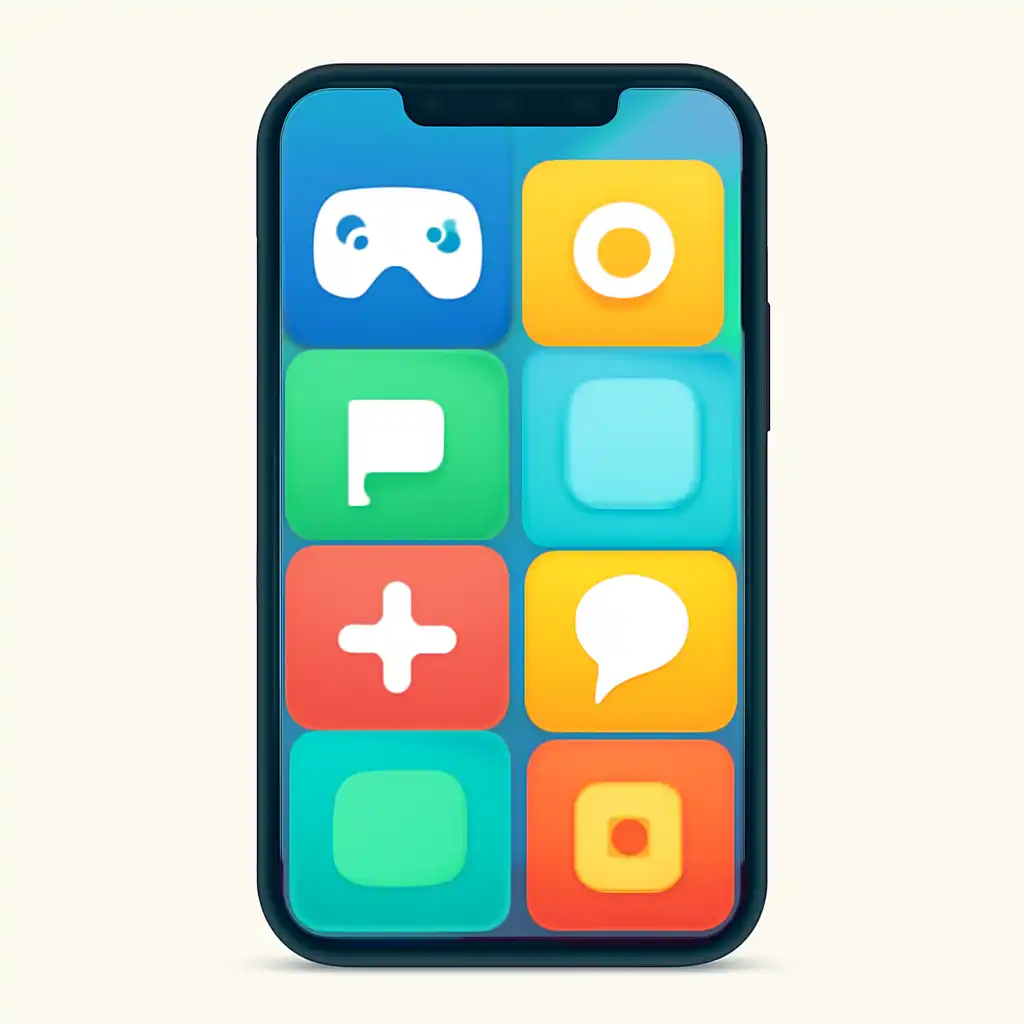 Smartphone shown from the front displaying a colourful flat layout of abstract game icons and rounded tiles, Withdrawals