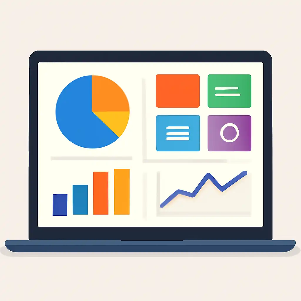 Laptop shown from the front displaying a colourful flat dashboard of abstract charts, bars and icon tiles, Withdrawals