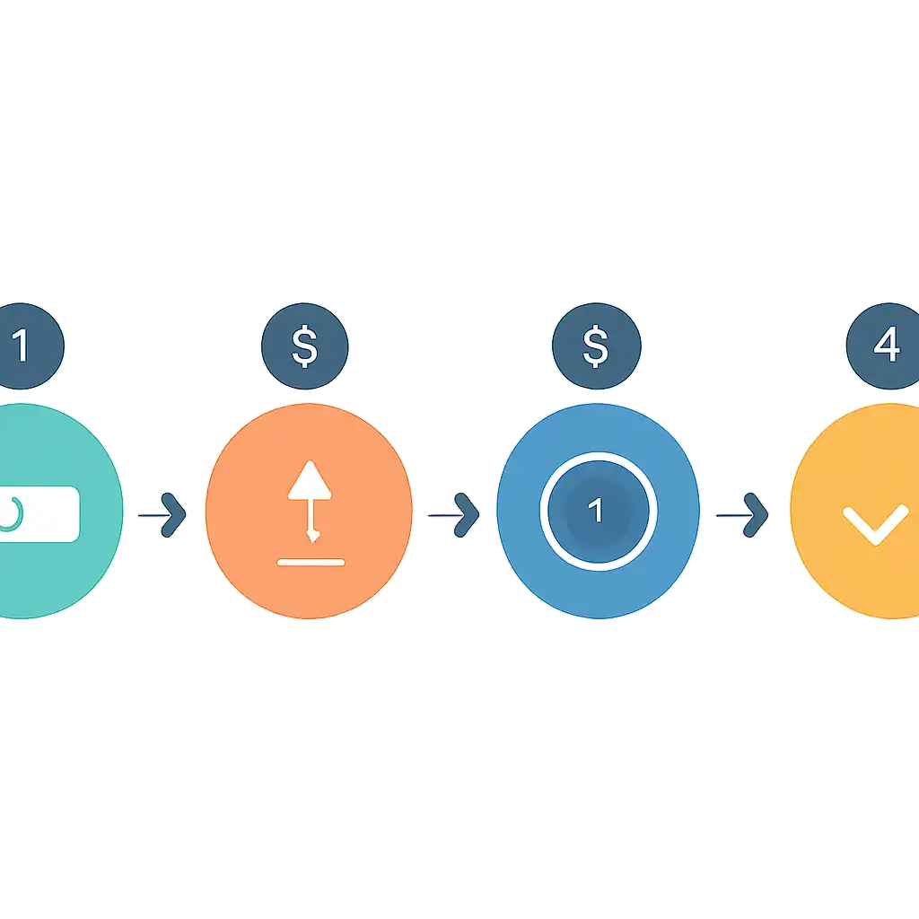 Five numbered circular icons connected by arrows in a horizontal flow, Withdrawals: Methods, Limits and Timing steps