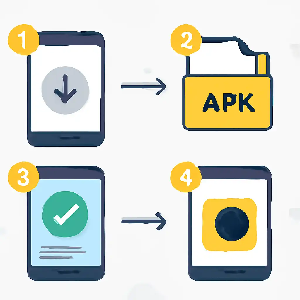 Annotated step diagram: android apk install process with numbered callouts, 10cric