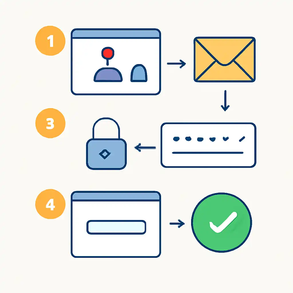 Annotated step diagram: password reset process with numbered callouts, 10cric