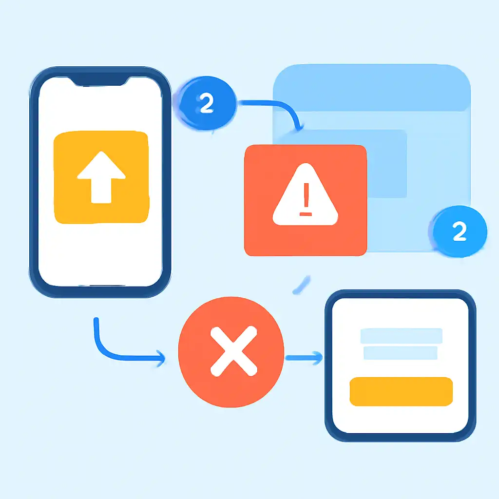 Annotated step diagram: app update problems process with numbered callouts, 10cric