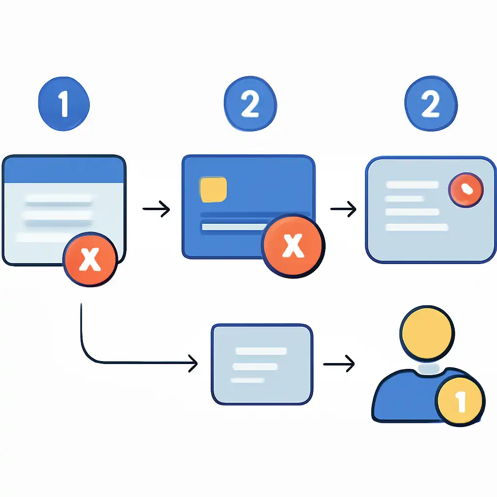 Annotated step diagram: failed transactions process with numbered callouts, 10cric